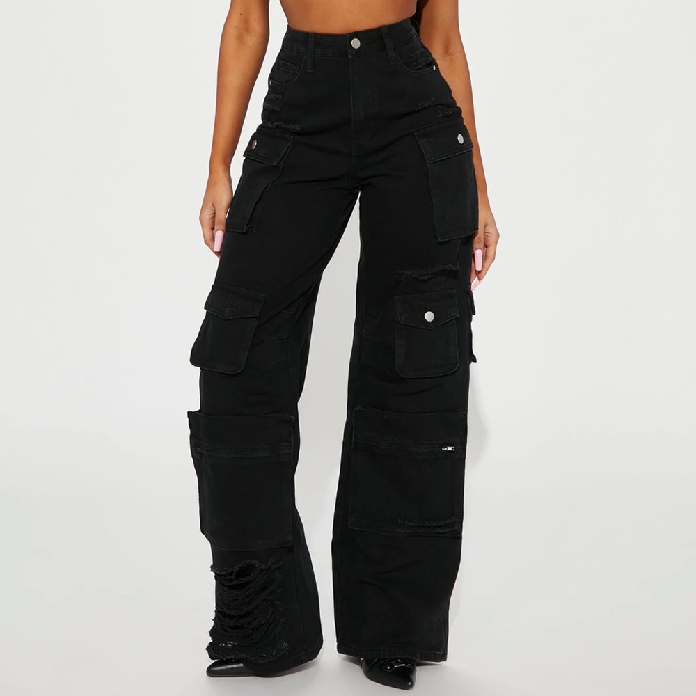 Fashion Nova Lily High Rise Distressed Cargo Jeans